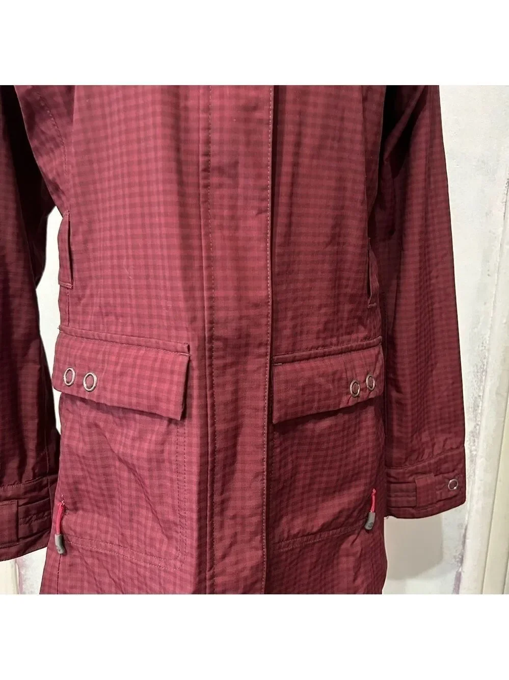 Outdoor Research Women’s Trench Raincoat Hood Pockets Nylon SML Burgundy No Belt